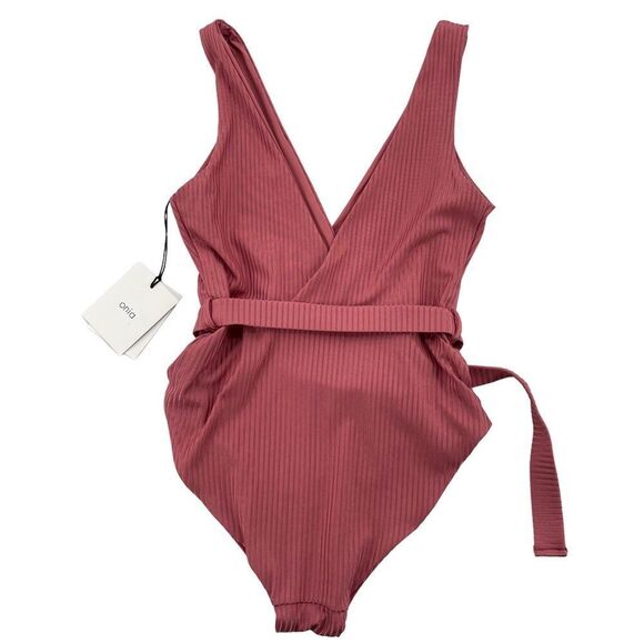 COPY - NEW Onia Michelle One-Piece Swimsuit Ribbed Belted Waist Solid Dusty Ros… - Picture 3 of 11